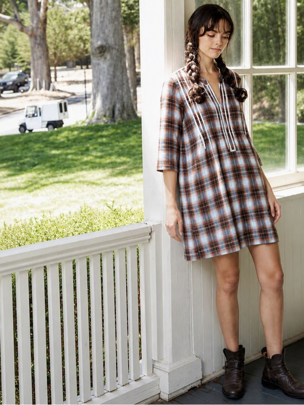 CP SHADES Double Cotton REGINA Tunic Shift Dress Plaid - Size Small - Fall Boho
